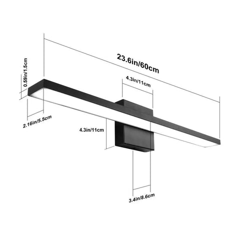 Dimensions of 24 Inch Black Modern LED Vanity Light With Frosted Aluminum Finish For Bathroom Mirror Cabinet And Powder Room.