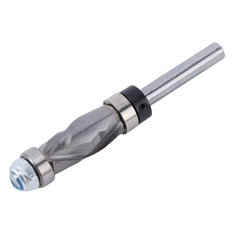 Ultra Durable Tungsten Carbide Double Bearing Spiral Flush Trim Router Bit With 1/4 Shank And 1/2 Cut Diameter, side view showing spiral design.