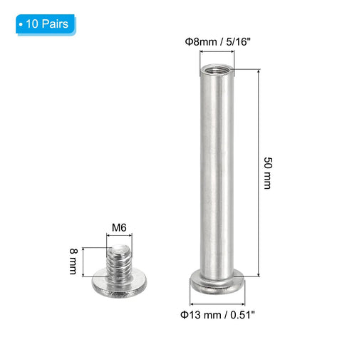 Top Shelf Hex Chicago Screws 10 Pack Binding Posts M6 X 50 Mil Socket Cap Bolts With Nuts, showing dimensions and metal finish.