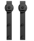 Sliding Barn Door Hangers J Shape 2 Pack Black Solid Steel With POM Wheels, front view showing two hangers.