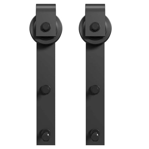 Sliding Barn Door Hangers J Shape 2 Pack Black Solid Steel With POM Wheels, front view showing two hangers.