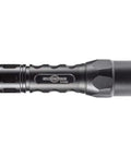 Dual Output LED Flashlight With Regulated 600 Lumen High And 15 Lumen Low Modes, anodized aluminum body in black, side view