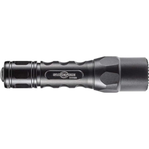 Dual Output LED Flashlight With Regulated 600 Lumen High And 15 Lumen Low Modes, anodized aluminum body in black, side view
