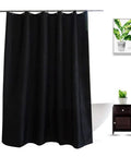 Black Fabric Shower Curtain Liner Lightweight Washable Cloth For Bathroom With Bottom Weight And Water Repellent Finish No Fuss Easy Care No PVC 72 By 72 Inches installed in bathroom