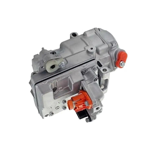 Keep Your Renault Zoe Ev Chillin With This Straight Up Premium Electric Ac Compressor Direct Equivalent Replacement High Output Climate Control Upgrade Cool Ride Master, silver electric AC compressor unit with orange and white fittings.