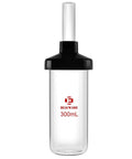 REACWARE 300mL laboratory lyophilization flask, glass with black collar and tall neck.