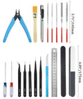 28 Pcs Modeler Tools Set for Gundam and Model Kits with pliers, tweezers, brushes, and files displayed with measurements