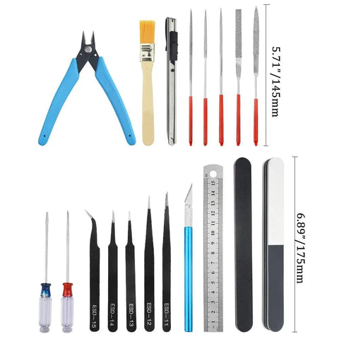 28 Pcs Modeler Tools Set for Gundam and Model Kits with pliers, tweezers, brushes, and files displayed with measurements