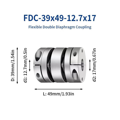 Flexible Diaphragm Coupling For 3D Printer And CNC Machine Aluminum Two Diaphragm Motor Shaft Coupler 12.7 To 17mm Bore D39 39mm Length 49mm Beefed Up Torque Vibration Damping Anti Abrasion, FDC-39x49-12.7x17