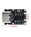 Five Tp4057 1A Lithium Ion Battery Charging Modules With Type C Usb Hookup showing charging circuit board with dimensions.