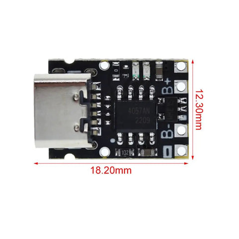 Five Tp4057 1A Lithium Ion Battery Charging Modules With Type C Usb Hookup showing charging circuit board with dimensions.