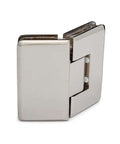 Heavy Duty 135 Degree Glass To Glass Hinge For Three Eighths Inch To One Half Inch Doors Up To 36 Inches Wide, 150 Lb Load, Opens 90 Degrees Inward And Outward, Self Closes Within 25 Degrees, Polished Nickel Finish.