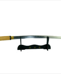 Handmade Sharp Japanese Samurai Shirasaya Katana Sword With High Gloss Wood Saya Razor Sharp Full Tang 38.75 Inch Overall on stand