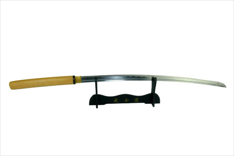Handmade Sharp Japanese Samurai Shirasaya Katana Sword With High Gloss Wood Saya Razor Sharp Full Tang 38.75 Inch Overall on stand