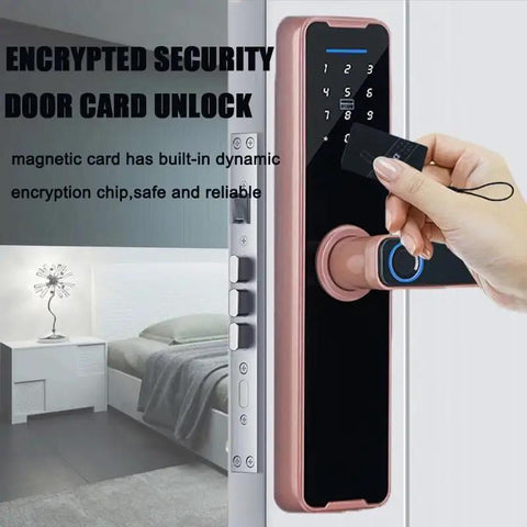 High Tech Fingerprint Electronic Smart Door Lock Keyless Entry Handle with Virtual Password and Remote Control in use with magnetic card.