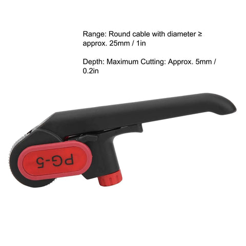Side view of a manual cable stripper and longitudinal slitter with adjustable cutting depth up to 5mm and replaceable blades.