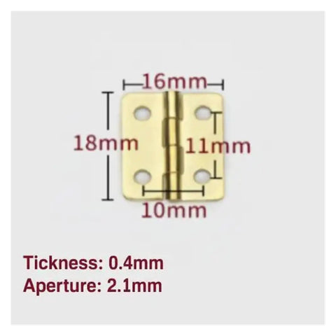 10 Pcs Mini Cabinet Drawer Butt Hinges Brass Connectors For Jewelry Chests And Wooden Boxes with dimensions and thickness details.