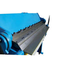Pan And Box Brake Bender Workhorse For 3 To 48 Inches 12 Gauge Steel With Removable Legs And Tabletop Mount, blue unit close-up.