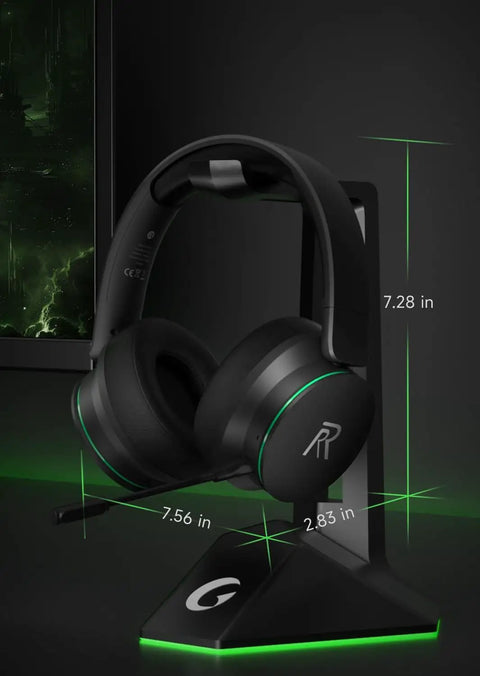 Black wireless gaming headset for Xbox Series X S and Xbox One and PlayStation Switch and Mac with Bluetooth 5.3 on stand.