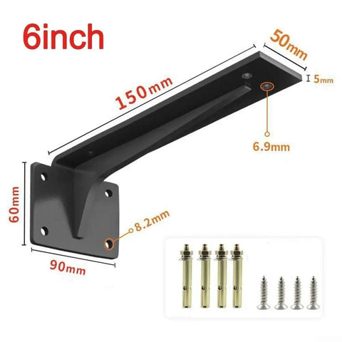 Diagram of Heavy Duty Shelf Brackets 150 To 500mm Black Steel L Brackets for shelving with dimensions and screws