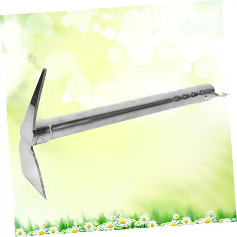 Stainless Steel Garden Pickaxe Hoe Grab-And-Go Double-Use Tool For Planting And Weeding shown against floral background