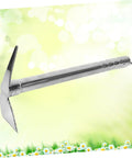 Two In One Garden Hoe And Pickaxe Stainless Steel Workhorse Yard Tool For Planting, Weeding, And Soil Turning against floral background