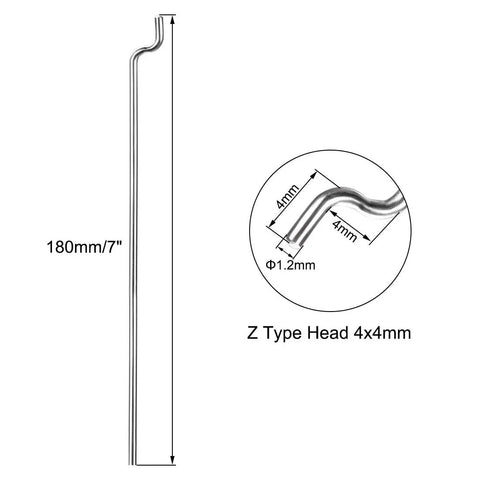 Heavy Duty 1mm 180mm Steel Z Pull Push Rods Pack Of 10 For RC Airplanes Boats And DIY Models Stainless 304 Z Head 4x4mm Built For Tight Fits And Smooth Adjustments. Image showing the Z head and dimensions.