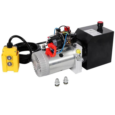 Heavy Duty 12V DC Hydraulic Power Unit With Double Acting Motor And 3 Quart Steel Reservoir and control switch.