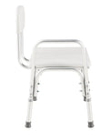 Adjustable Bathroom Safety Transfer Bench White With 14 To 21 Inch Seat Height Push Pin Adjust Supports Up To 250 Lbs Rust Proof Lightweight Frame Durable Blow Molded Seat Non Slip Rubber Feet For Easy Bath Access, side view with rubber feet.