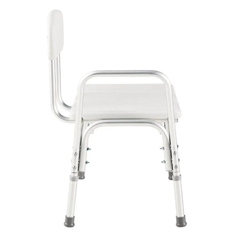 Adjustable Bathroom Safety Transfer Bench White With 14 To 21 Inch Seat Height Push Pin Adjust Supports Up To 250 Lbs Rust Proof Lightweight Frame Durable Blow Molded Seat Non Slip Rubber Feet For Easy Bath Access, side view with rubber feet.