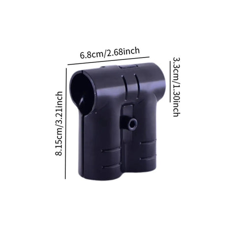 Two-Piece Round Pipe Clamp Connector Kit For Handrails And Structural Fittings, dimensions labeled, black metal connector close-up