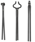 V Bit Blade Tongs Set for Knife Making And Bladesmithing, Flat And Assembled Forge Tongs, Heavy Duty Steel 3 Piece Kit displayed vertically.