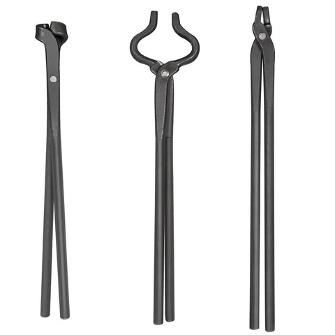 V Bit Blade Tongs Set for Knife Making And Bladesmithing, Flat And Assembled Forge Tongs, Heavy Duty Steel 3 Piece Kit displayed vertically.