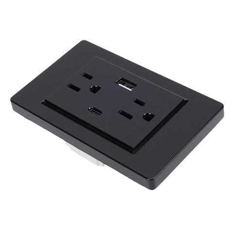 Heavy Duty 3 Prong Wall Outlet With Quick Charge Usb Ports Built Like A Tank, black polycarbonate faceplate for moisture resistance.