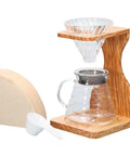 Olive Wood Pour Over Stand Set For One To Four Cups With Borosilicate Glass And Wood Brewer Kit With Measuring Spoon And One Hundred Paper Filters