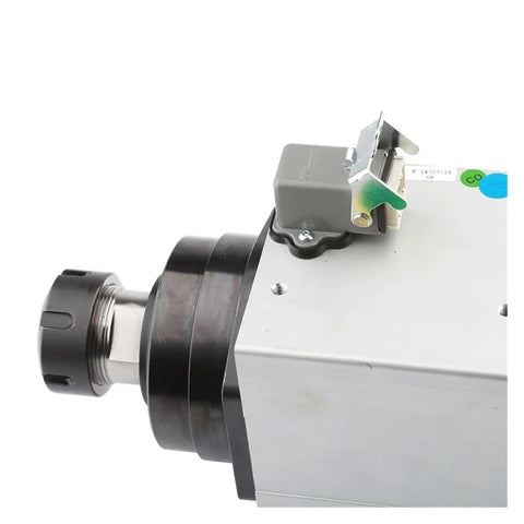Close-up of Beefy 4.5Kw CNC Spindle Motor 380V Water Cooled Square Mount ER32 Chuck 18000RPM for metal and wood.