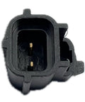 Coolant temperature sensor connector, black plastic housing with two gold pins (front view)