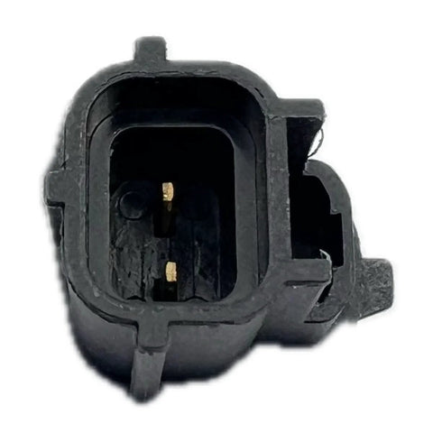 Coolant temperature sensor connector, black plastic housing with two gold pins (front view)
