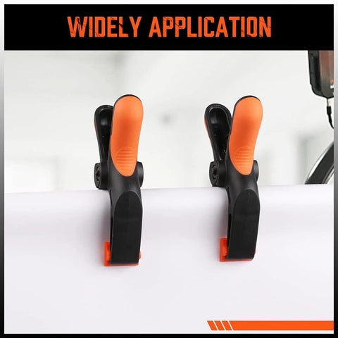 HORUSDY 5-inch plastic spring clamps; two orange-handled, black-bodied clamps gripping a white panel.
