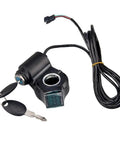 Thumb Throttle With Key Lock For Electric Bikes And Scooters 24V To 72V Power Switch With Real Time Voltage Display, wires visible
