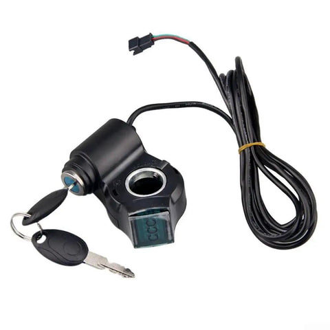 Thumb Throttle With Key Lock For Electric Bikes And Scooters 24V To 72V Power Switch With Real Time Voltage Display, wires visible