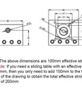 Technical drawing of Rock-Solid High-Precision Linear Guide Slide Table showing 100mm stroke dimensions and measurements.