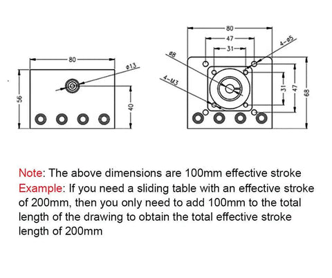 Technical drawing of Rock-Solid High-Precision Linear Guide Slide Table showing 100mm stroke dimensions and measurements.