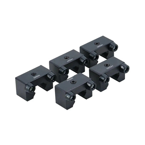 Set of 6 black rail stop blocks for linear guides, compatible with HGR and EGR series, designed for precise alignment and heavy-duty motion control