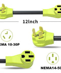 Plug And Play Nema 10-30p To 14-50r Ev Charging Adapter Cord, 30 Amp Dryer Plug To 50 Amp Electric Vehicle Charge Station Cable, Beefy Copper Core For Quick Level Two Top Off, Just One Foot Long, showing 12 inch 3-prong NEMA 10-30P and 4-prong NEMA 14-50R ends.
