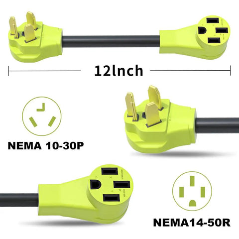 Plug And Play Nema 10-30p To 14-50r Ev Charging Adapter Cord, 30 Amp Dryer Plug To 50 Amp Electric Vehicle Charge Station Cable, Beefy Copper Core For Quick Level Two Top Off, Just One Foot Long, showing 12 inch 3-prong NEMA 10-30P and 4-prong NEMA 14-50R ends.