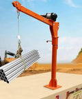Hella Tough Heavy Duty Floor Jack And Truck Jib Crane Hoist With Wireless Control For Pickup Lifts With Swivel Arm And 360 Degree Steel Rotation 1100 Lb Capacity lifting steel pipes with an orange jib crane.