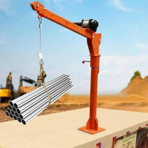 Hella Tough Heavy Duty Floor Jack And Truck Jib Crane Hoist With Wireless Control For Pickup Lifts With Swivel Arm And 360 Degree Steel Rotation 1100 Lb Capacity lifting steel pipes with an orange jib crane.