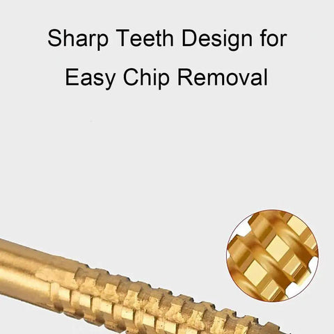 Must-Have Titanium-Coated Drill Bit Set For DIY Pros; Heavy Duty Bearing Steel Twist Bits Kill Through Wood Metal And More Like A Boss With Smooth Step Design And Snazzy Case Included. sharp tooth close-up for chip removal
