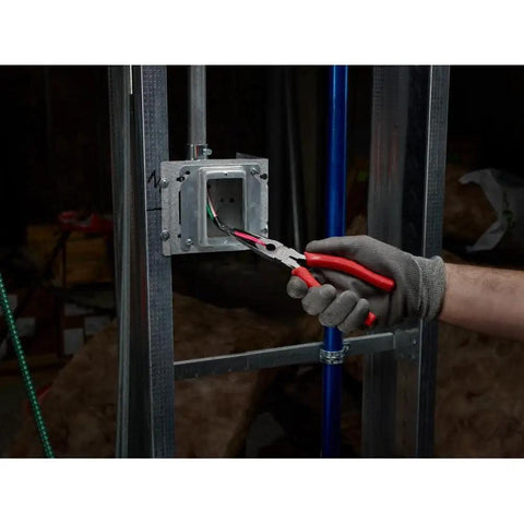 Gloved hand using 8-Inch Long Nose Pliers With Reaming Head And Onboard Fish Tape Pulling, 2-Inch Reach And Notched Teeth For Solid Grip, Reams Pipes Up To 1.5-Inches, Versatile Electrician And Plumbing Tool For Tight Work on wiring in a metal junction box.